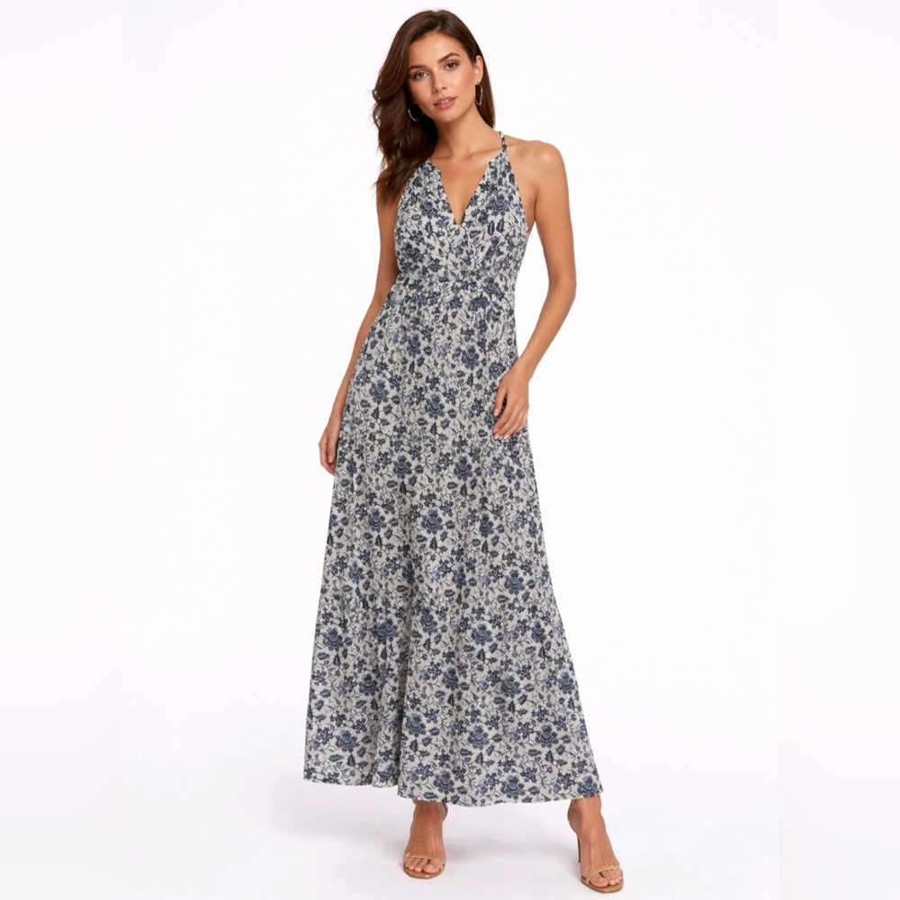 House Of Harlow Dress Blue Floral Halter Sleeveless 100% Cotton Maxi Size XS